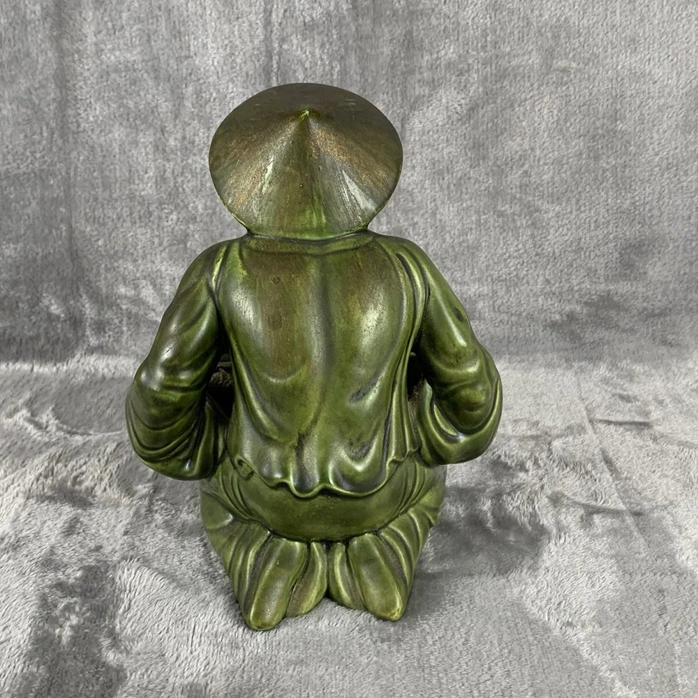 Vintage 1963 Figural Chinoiserie Trinket Box Gold Accented Green Signed Repaired